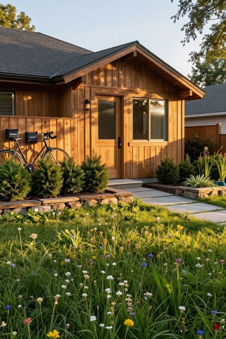 Wooden house exterior featuring vertical light brown siding, dark shingled gabled roof, front door with adjacent window, two black bicycles mounted on the wall, evergreen shrubs, stone retaining wall, concrete steps, stone path, and wildflower garden in the yard.