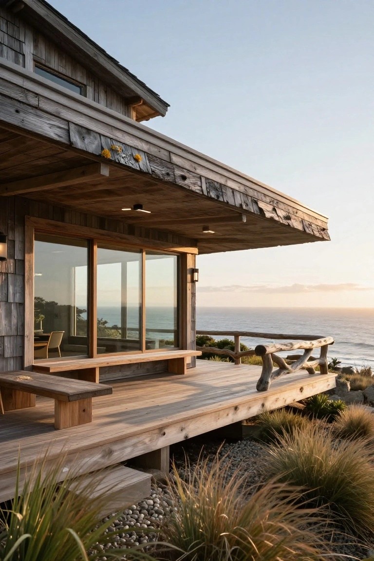 Exterior side view of a shingle-clad wooden house with overhanging roof, large sliding glass doors, wooden deck bench and railing overlooking the ocean, grasses and pebbles in the foreground at dusk.