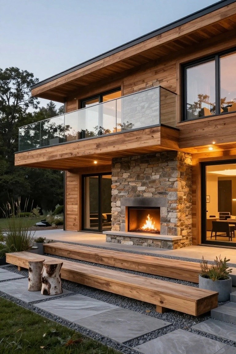 Modern two-story house with horizontal wood cladding, cantilevered upper balcony with glass railing, lower-level stone outdoor fireplace with lit fire, wooden benches and steps on gray paver patio edged with gravel and grass.