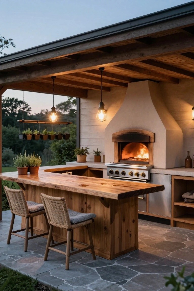 Covered outdoor kitchen with curved live-edge wooden bar counter and stools, wood-fired pizza oven, gas grill, hanging Edison bulb lights, potted plants, and stone tile floor surrounded by greenery.
