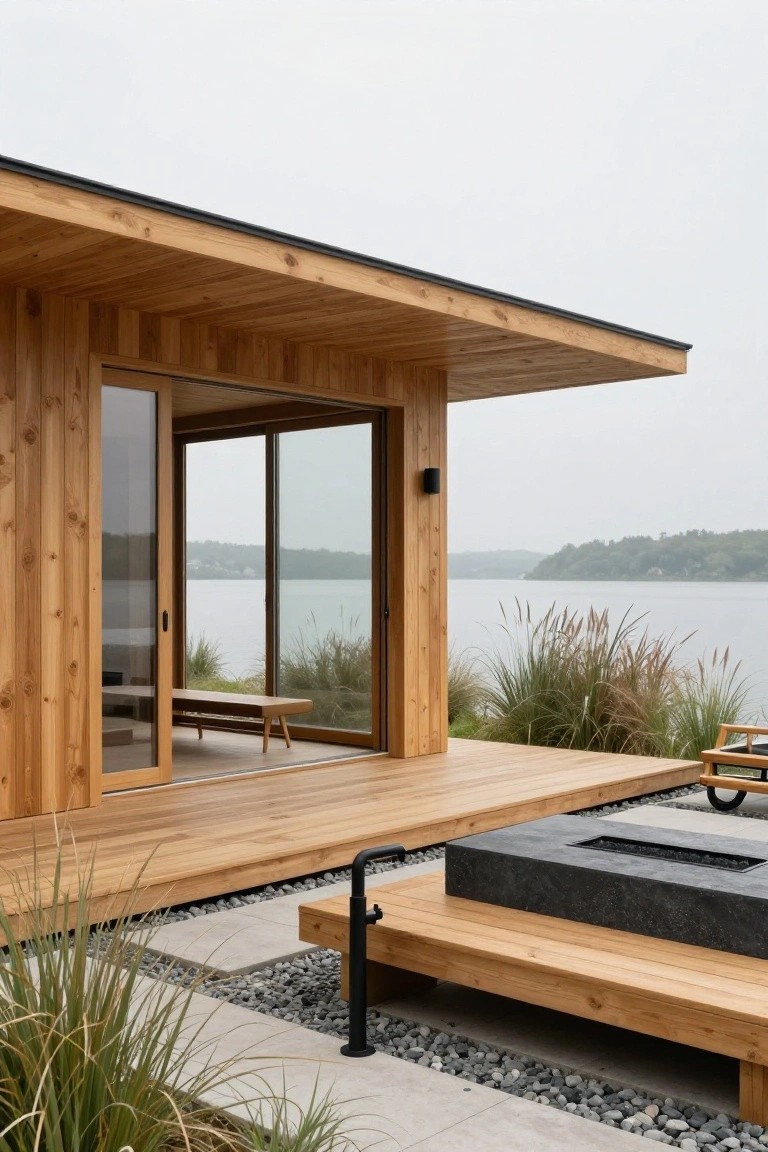 Side view of a light wooden cabin structure with large open sliding glass doors, a protruding wooden deck overlooking a lake, a linear black stone fire pit on the deck, flanked by wooden benches, surrounded by gravel paths and tall grasses.