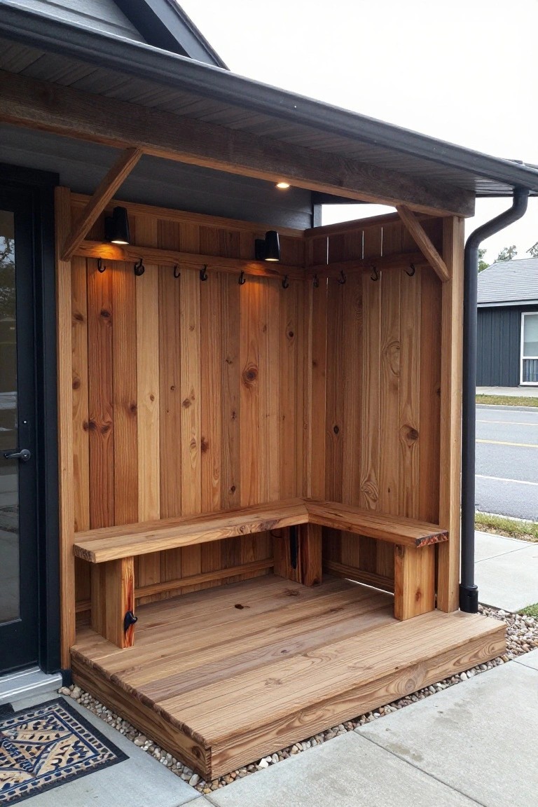 Wooden covered porch alcove featuring vertical cedar board walls, an L-shaped bench, multiple coat hooks, two wall-mounted lights, adjacent to a dark door, on a raised wooden platform edged with gravel next to a sidewalk.