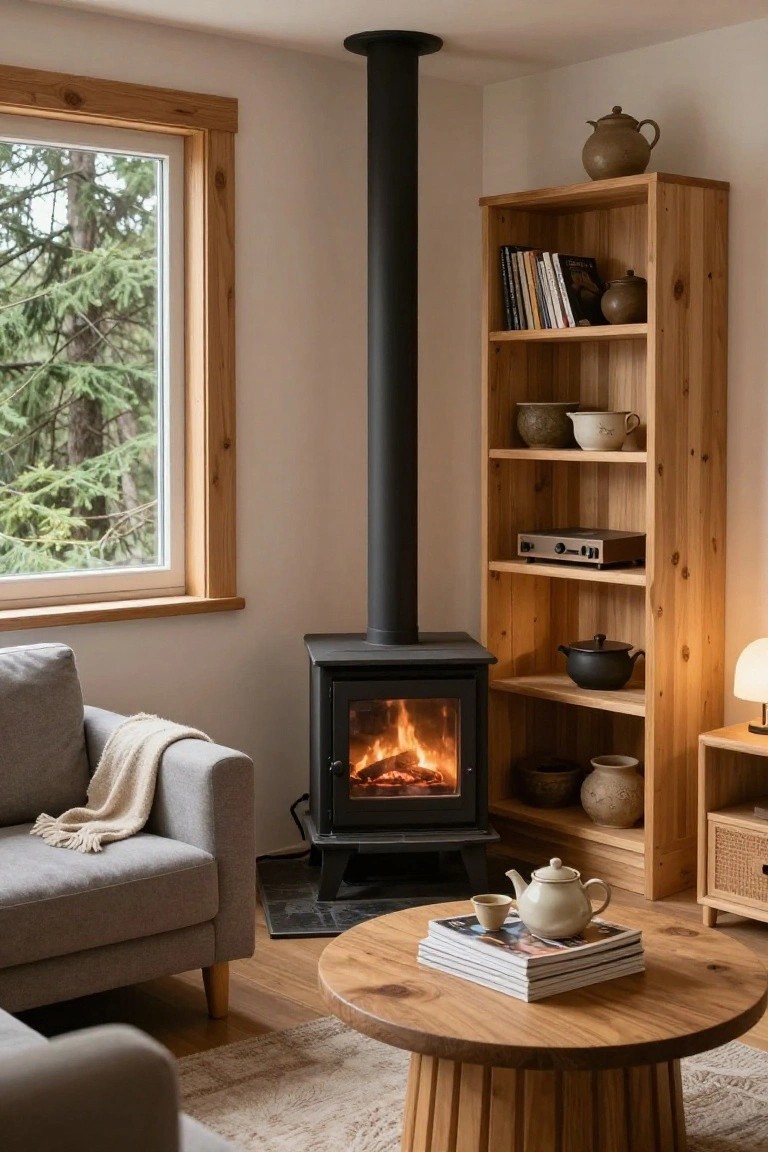 Interior of a cozy room with a black corner wood-burning stove showing flames, tall wooden bookshelves with books and ceramics, gray sofa with white throw, wooden coffee table with magazines and teapot, lamp, and window with view of evergreen trees.