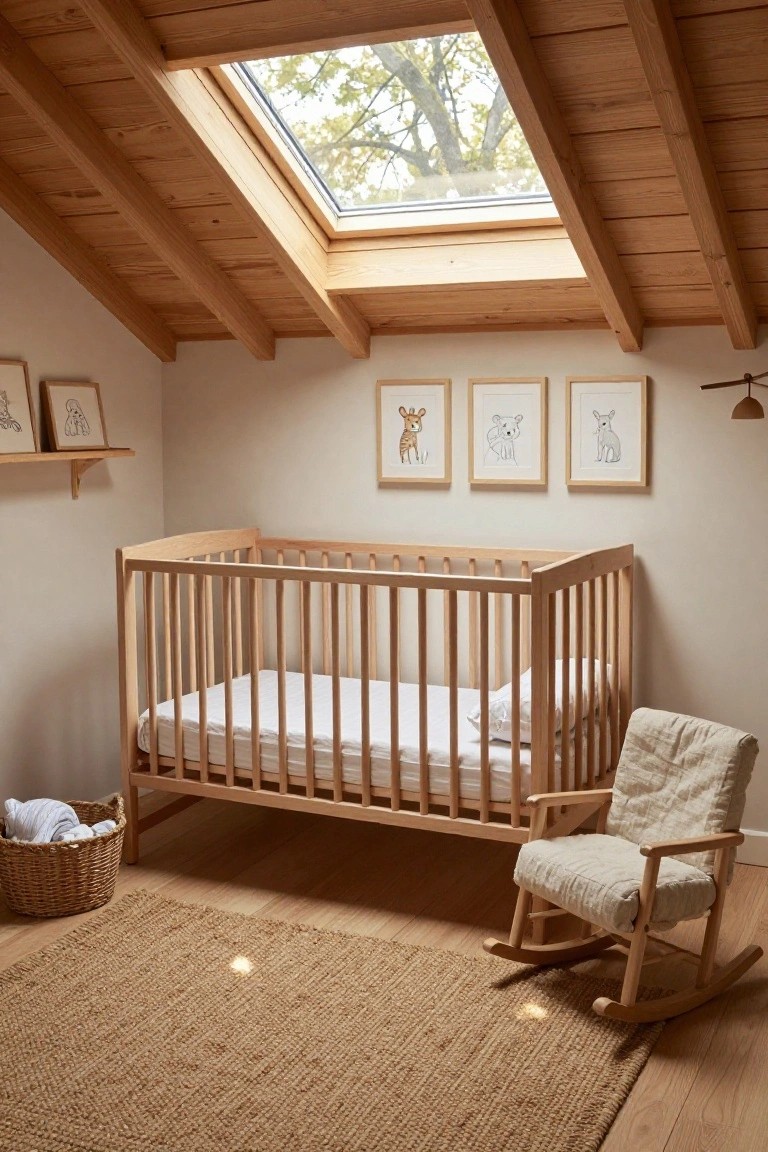 A light-colored nursery room with exposed wooden ceiling beams, a skylight, wooden crib with bedding, rocking chair, jute rug on wood floors, woven basket with laundry, and framed animal drawings on walls.