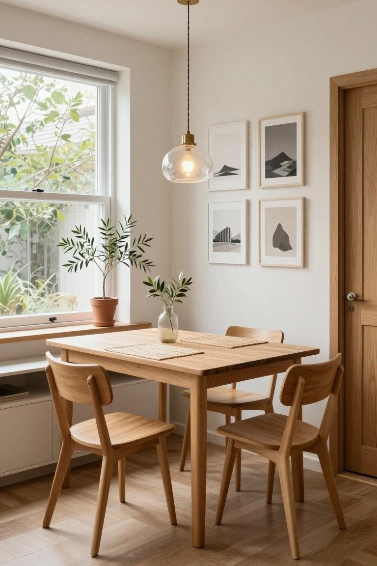 A small indoor dining area with a rectangular light wood table, four matching wooden chairs, terracotta potted olive tree, glass vase with olive branches, seagrass placemats, and framed abstract black-and-white photos on white walls next to a large window with sheer blinds and greenery outside.