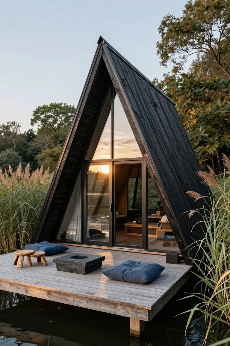 Black triangular A-frame wooden cabin on a dock over calm water, with large glass front doors open to an interior, surrounded by reeds, trees, and sunset sky.
