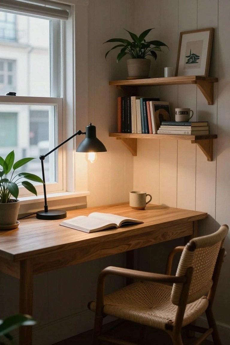 Cozy room corner with wooden desk holding open book and mug, black desk lamp lit up, potted plants nearby, wooden floating shelves above with books and mug, rattan chair, next to window with blinds on white paneled walls.