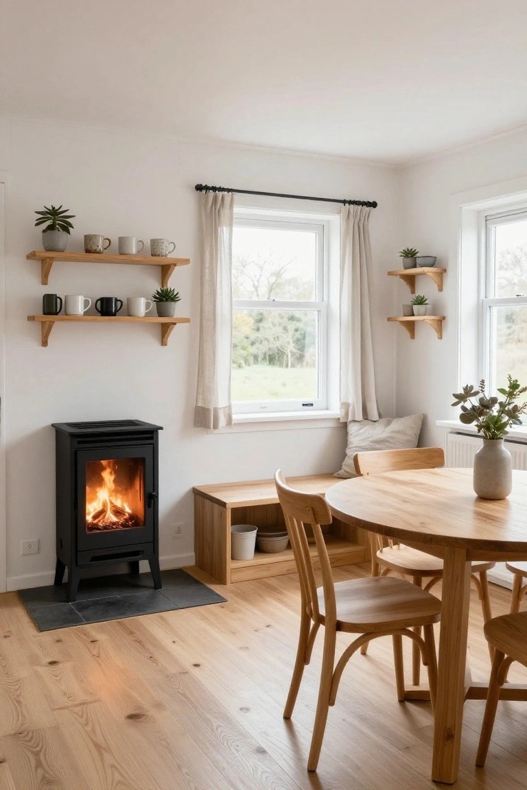 Small interior room with black freestanding wood-burning stove on slate hearth, round wooden dining table with chairs and built-in wooden bench, floating wooden shelves holding mugs and plants, large windows with sheer curtains overlooking fields, light wooden floors.