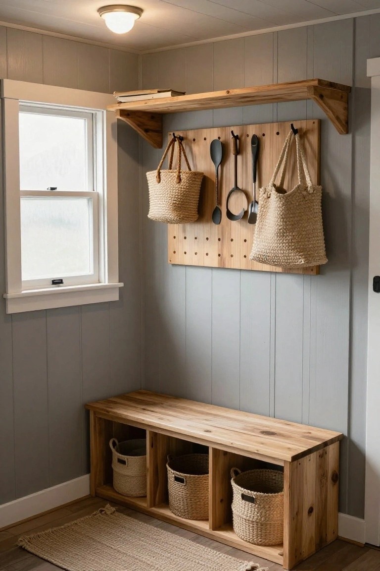 Interior corner of a room with a wooden bench featuring two compartments holding seagrass baskets underneath, a wooden pegboard wall with hanging woven bags and kitchen utensils, wooden shelf above a window, light gray paneled walls, and a seagrass rug on the floor.