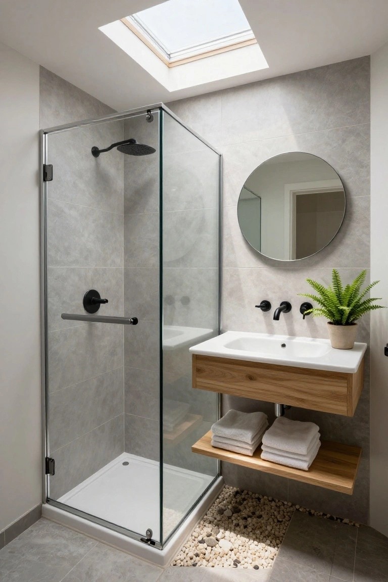 Compact modern bathroom with gray tiled walls, corner glass shower enclosure, floating wooden vanity holding white sink and towels on shelf below, round mirror, black fixtures, fern plant in pot, and pebble mat on floor under skylight.