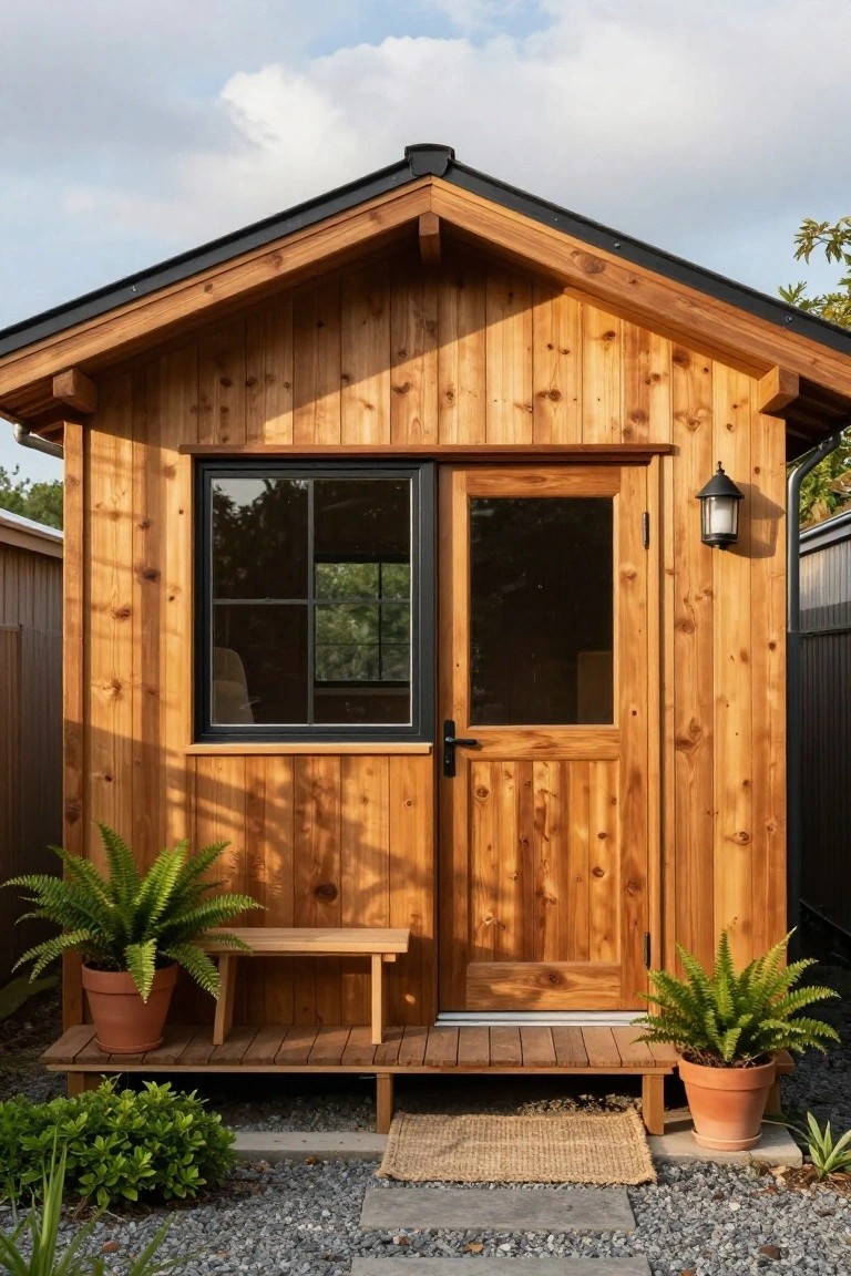 Wooden shed with double doors, window, potted ferns, and gravel path.