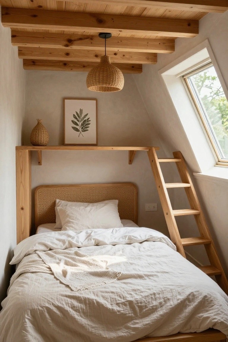 Small attic bedroom with white walls, exposed wooden beams, rattan headboard bed on elevated platform accessed by wooden ladder, woven pendant light, leaf print art, and skylight window.