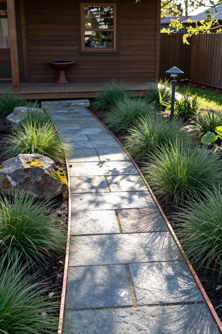 Curved pathway of irregular gray stone slabs with metal edging, bordered by ornamental grasses and mossy boulders, leading toward the wooden side of a small cabin with a porch and birdbath.