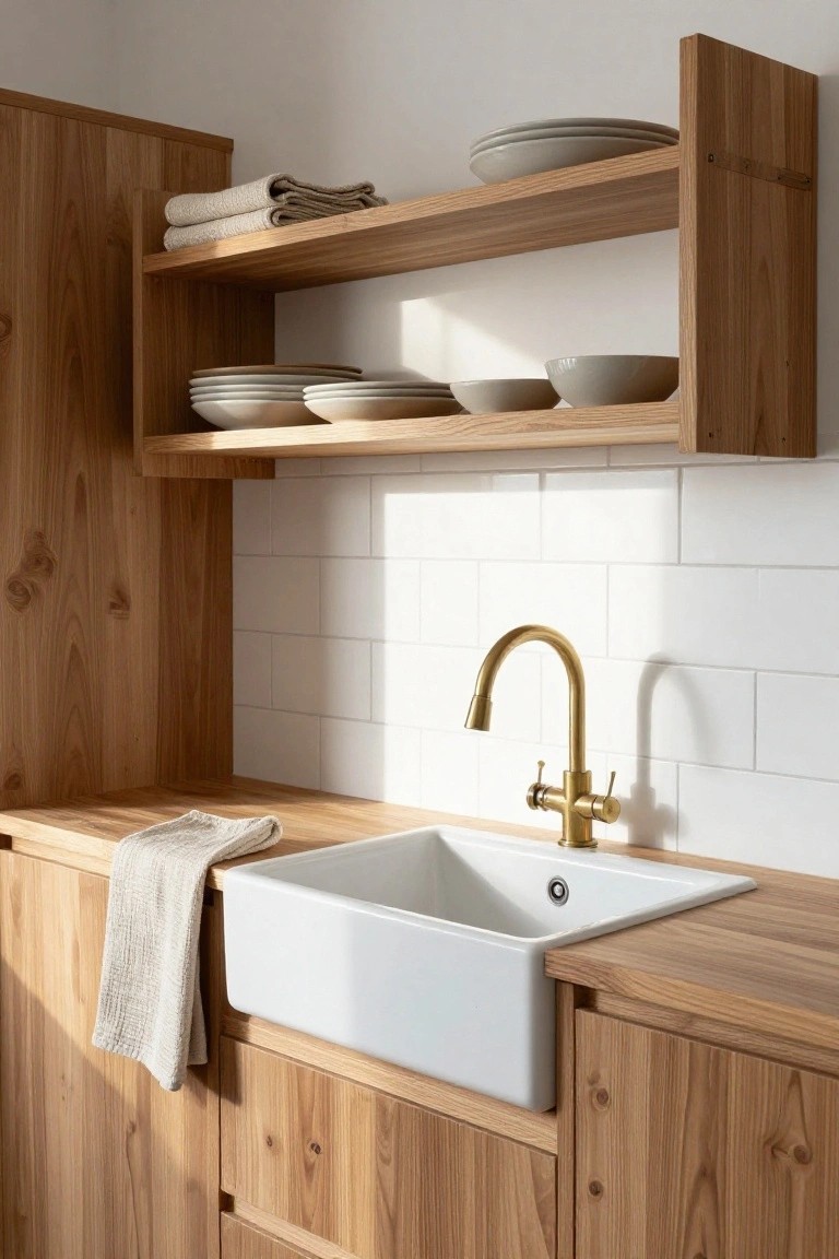 Kitchen corner with light wooden cabinets and open wooden shelves displaying stacked white plates and bowls, a white farmhouse sink with gold gooseneck faucet, linen towels draped nearby, and white subway tile backsplash.