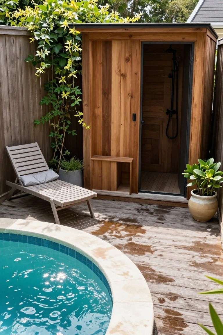 Wooden outdoor shower cabin with open glass door and showerhead, positioned next to a small turquoise pool on a wet wooden deck, with a lounge chair, plants, and climbing vines nearby.