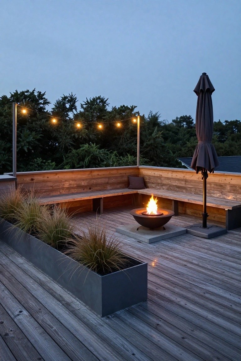 Wooden rooftop deck at dusk with L-shaped built-in benches along the railing, central round fire pit on a concrete pad, tall grasses in metal planters, gray market umbrella on a stand, and string lights strung from a pole amid trees.
