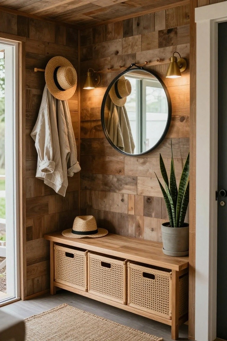 Small interior entryway with reclaimed wood plank walls, a wooden bench featuring three rattan storage baskets, hanging straw hats and linen shirt on hooks, round black mirror, gold sconces, snake plant in gray pot, and open door to outside.
