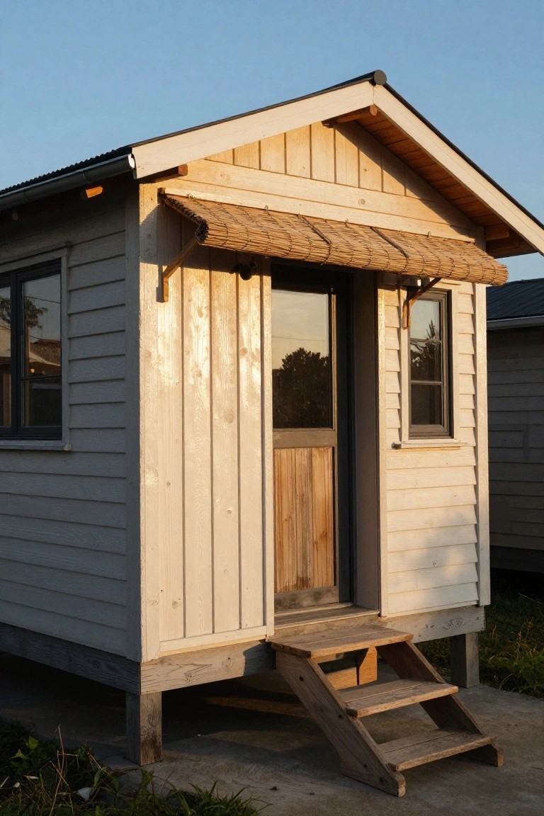 Small elevated wooden house with light board-and-batten siding, dark wooden door under a thatched awning, single window beside the door, and wooden steps leading up, set on a grassy area near another structure.