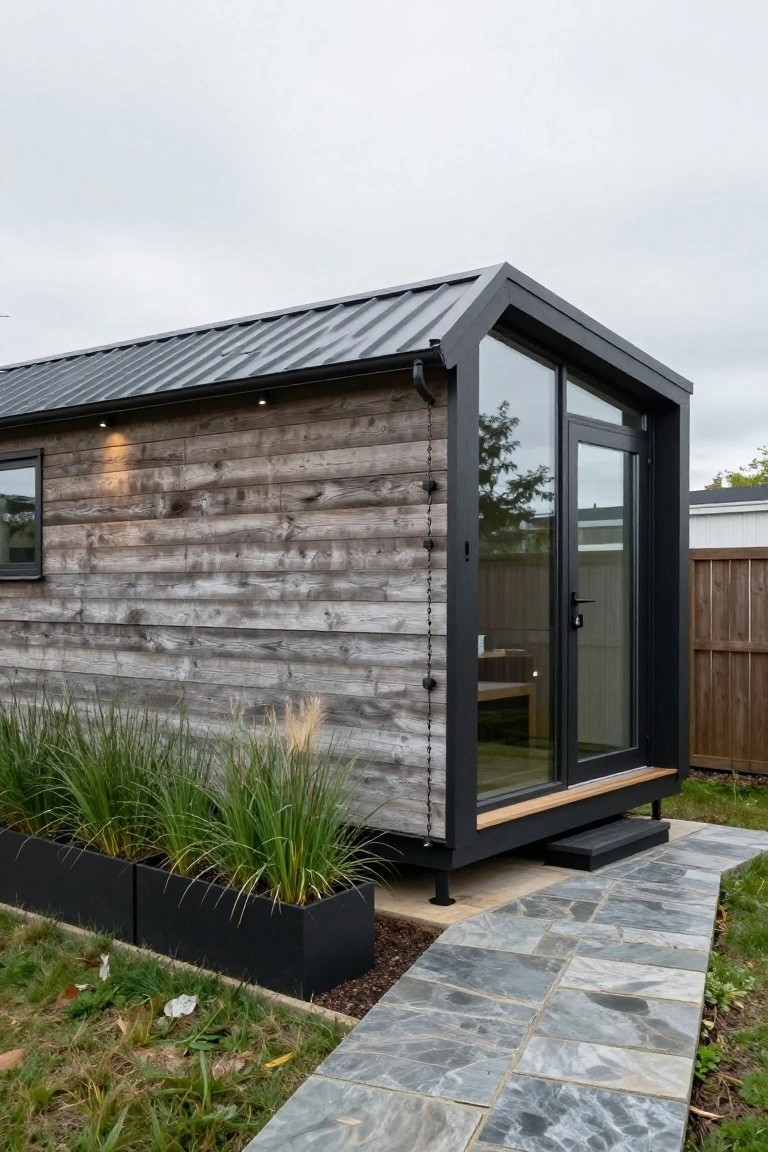 Small elevated tiny house with light gray weathered wood siding, black corrugated metal gable roof, large black-framed glass entry doors, tall grasses in black planters, and gray stone path leading to entrance.