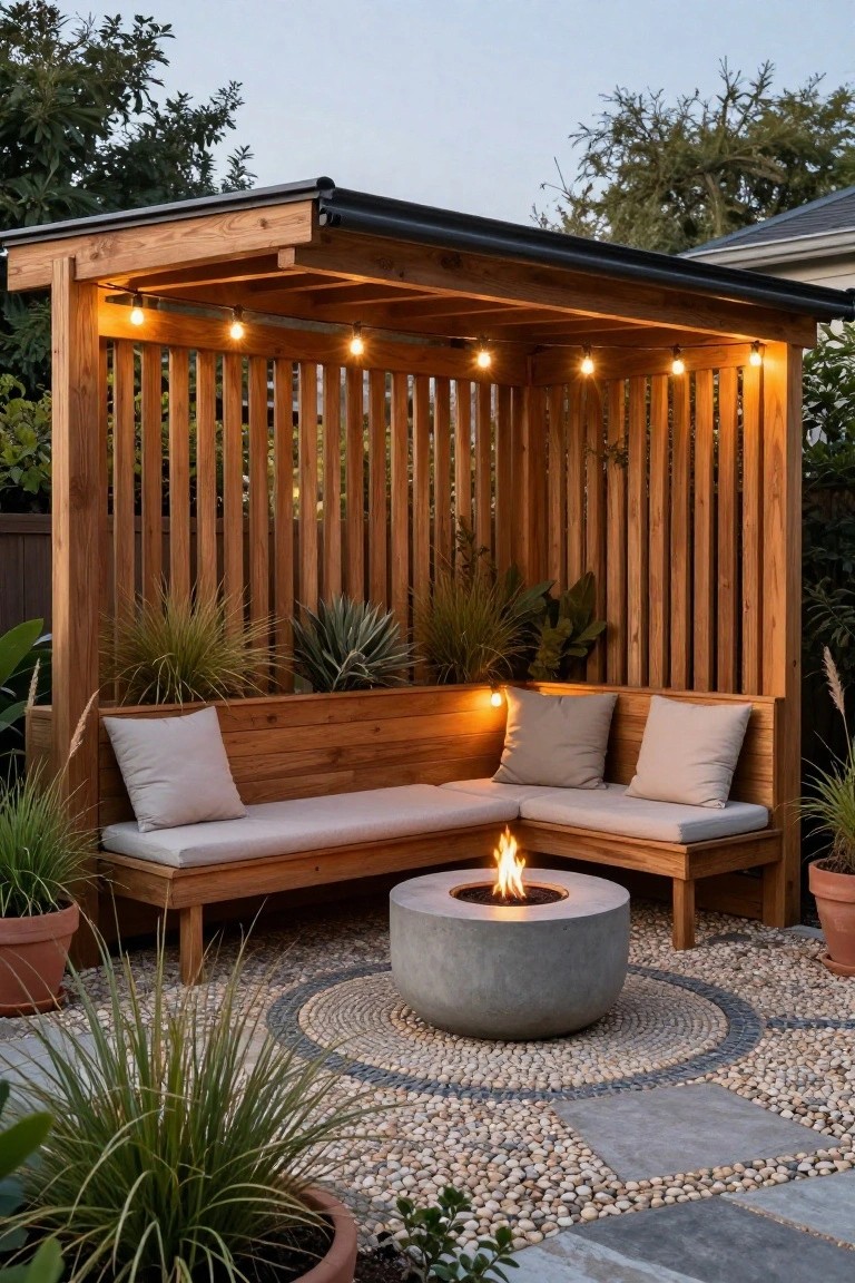 Wooden pergola with vertical slats enclosing an L-shaped cushioned bench and round concrete fire pit on a pebbled patio with potted plants and string lights.