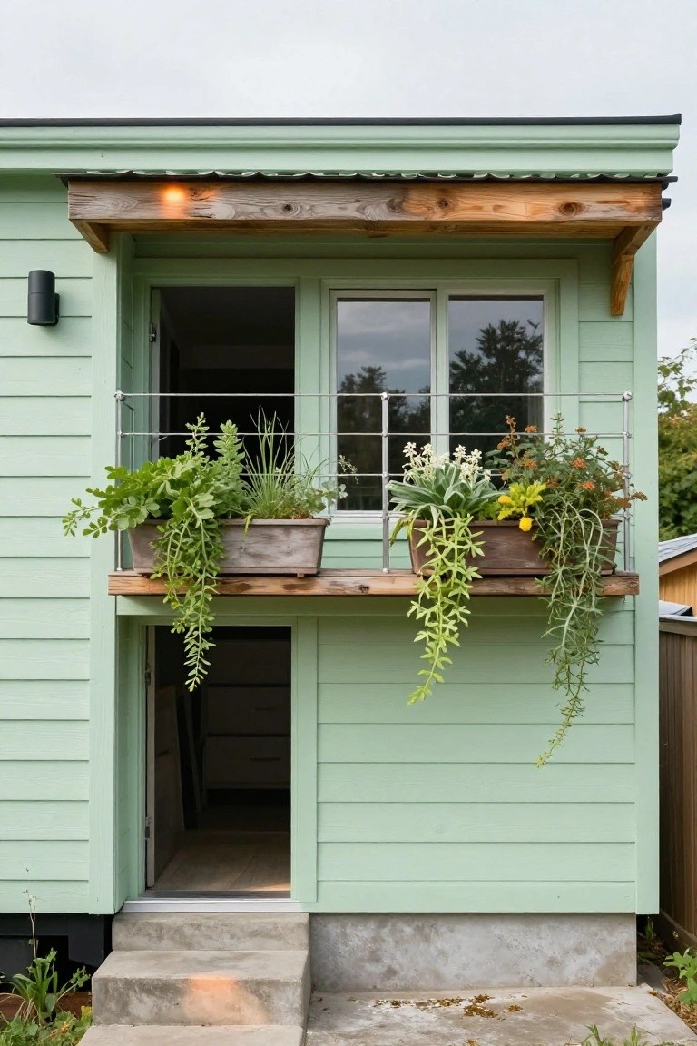 Front view of a mint-green wooden tiny house with a wooden balcony railing holding several planter boxes overflowing with green leafy plants, trailing vines, an open green door, wall light, and concrete steps leading up.