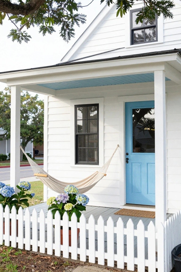 Small white clapboard house with turquoise blue front door, porch hammock, hydrangea plants in terracotta pots, white picket fence, and overhanging tree branches.