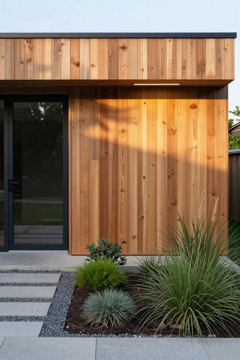Exterior view of a modern tiny house with vertical light brown wood cladding, black-framed glass door, flat black roof overhang, concrete paver path, and gravel bed with low ornamental grasses.