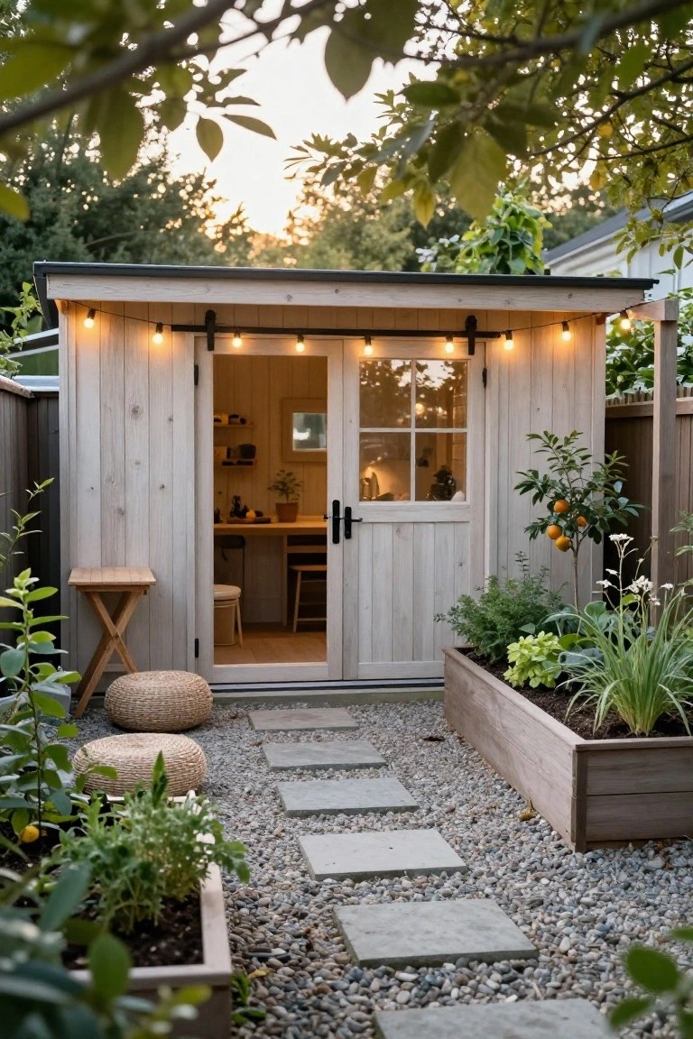 Small gabled wooden shed with light shiplap siding and black metal roof in a backyard garden, open glass door showing interior desk and chair, string lights strung along the side, surrounded by raised planters with herbs, lemon tree, and a gravel path with square stone pavers leading to the entrance.