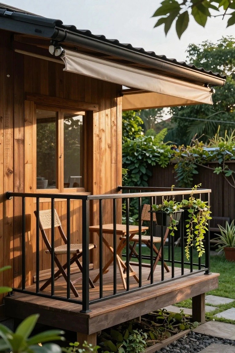 Small wooden cabin exterior with a raised wooden deck balcony, black metal railing, two rattan folding chairs, small wooden table, hanging plants, and surrounding greenery on a paved garden path.