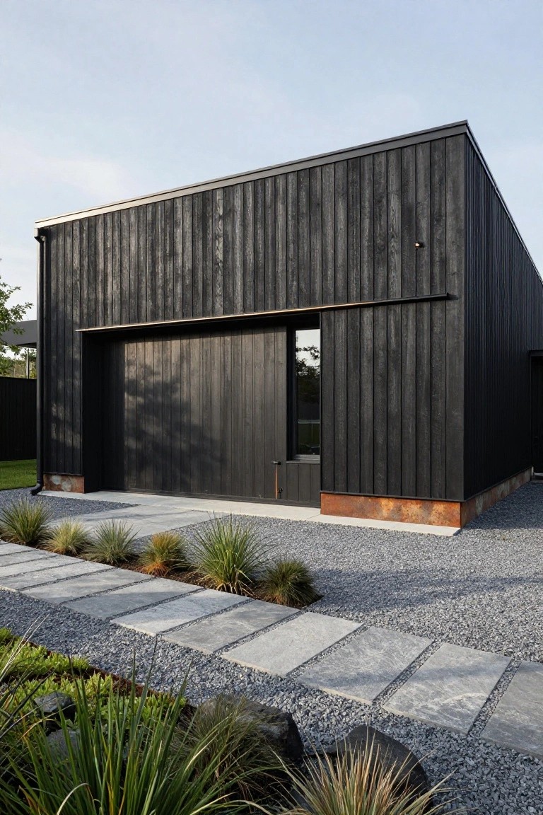 Modern rectangular house with black charred timber siding, large sliding black wood door, copper base trim, gravel yard, stone pathway, and grasses.