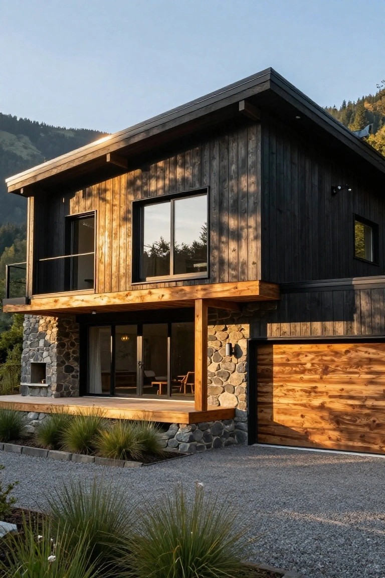 Two-story house with dark charred wood siding, stone foundation, wooden garage door, balcony, and deck, surrounded by gravel driveway, grasses, and mountain backdrop.