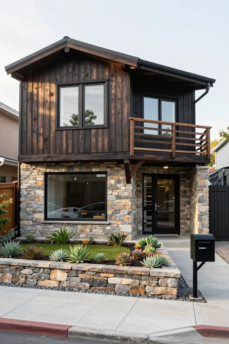 Two-story house exterior with dark vertical wood siding on upper level, beige and gray stone base and entryway, black-framed windows and door, wood balcony, and succulent garden in stone retaining wall along sidewalk.
