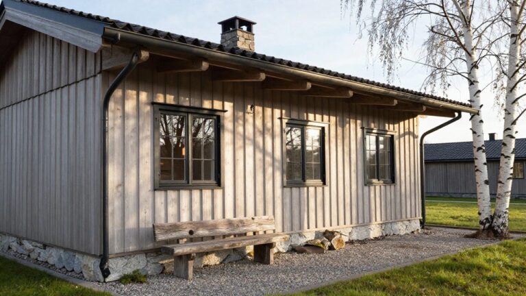 Small wooden cabin with vertical timber siding, rubble stone base, large black-framed sliding windows, wooden bench on gravel patio in front, grass and trees nearby.