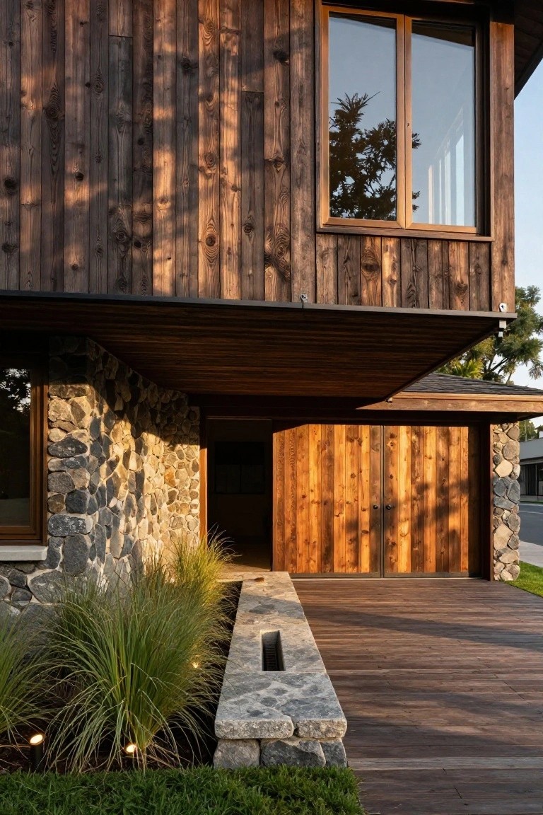 House exterior with dark vertical wood cladding on upper walls, rough stone base walls around wooden garage doors and entry, cantilevered wooden overhang, grasses and stone bench at front, wooden deck and lawn nearby.