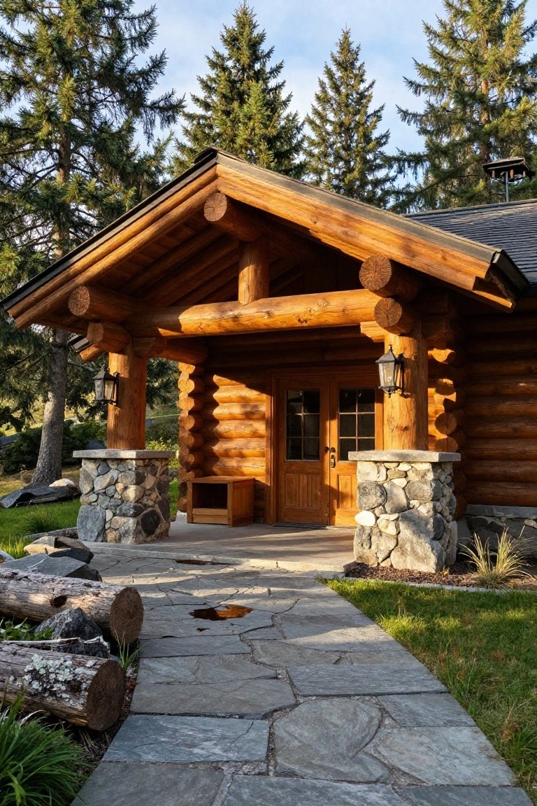Log cabin with covered porch featuring large timber posts on stone bases, double wooden doors, wall lanterns, stone path, and surrounding evergreen trees and landscaping.
