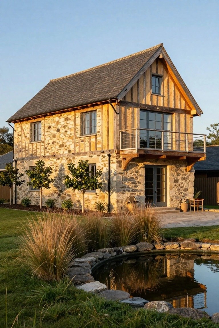 Two-story house exterior featuring lower stone walls, upper timber framing and cladding, a wooden balcony with glass railing, double doors at entry, surrounded by lawn, ornamental grasses, small trees, and a curved stone-edged pond.