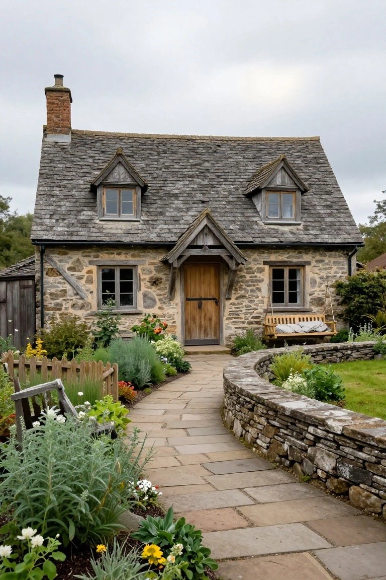 Stone cottage exterior with timber framing around windows and door, slate roof, wooden hanging swing, stone wall, garden path with flowers, and surrounding greenery.