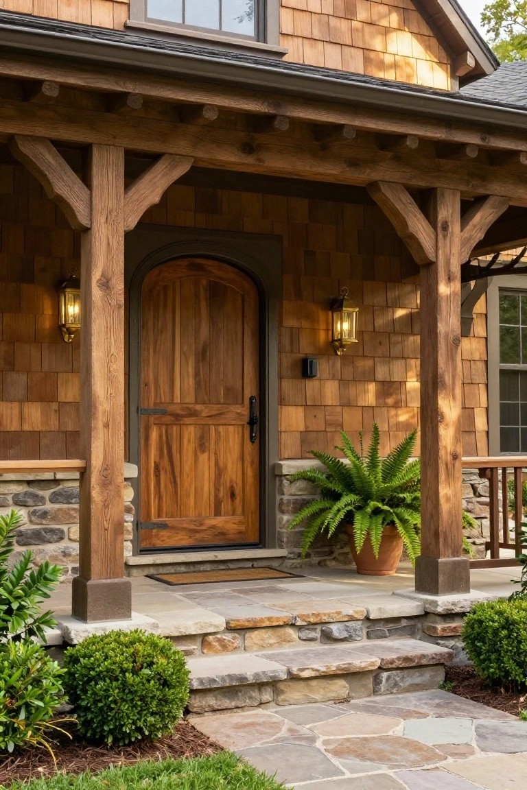 Front exterior of a shingle-style house with timber posts supporting a covered porch, arched wooden entry door flanked by lantern lights, stone steps, potted fern, and boxwood shrubs.