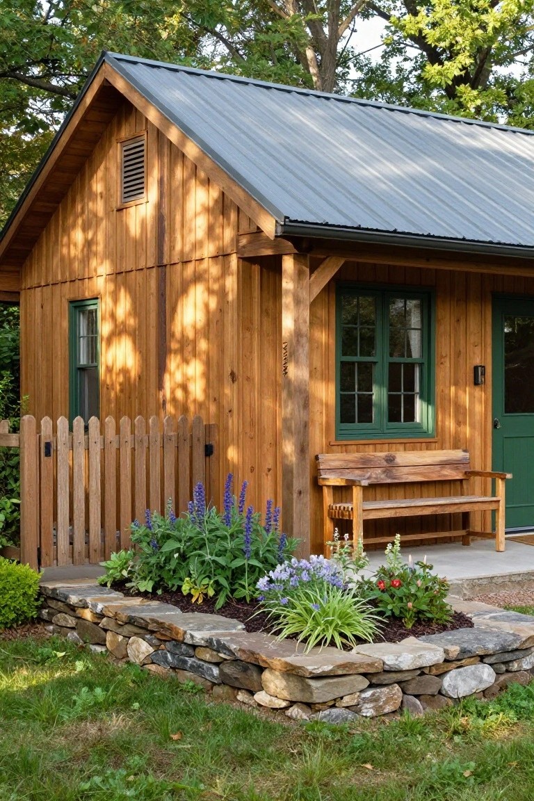 Small wooden gabled cabin with vertical board-and-batten siding, gray metal roof, green window and door frames, exposed timber posts supporting entry overhang with wooden bench, adjacent stone-bordered flower bed with plants, picket fence, and grass yard.
