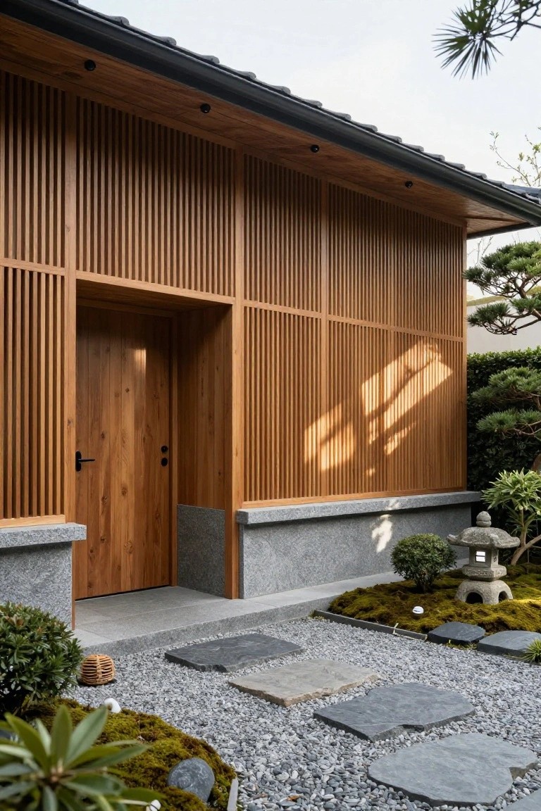 Wooden house exterior featuring vertical timber slats on walls, open wood door in framed entry, gray stone base, gravel yard with moss, stepping stones, stone lantern, and surrounding plants.
