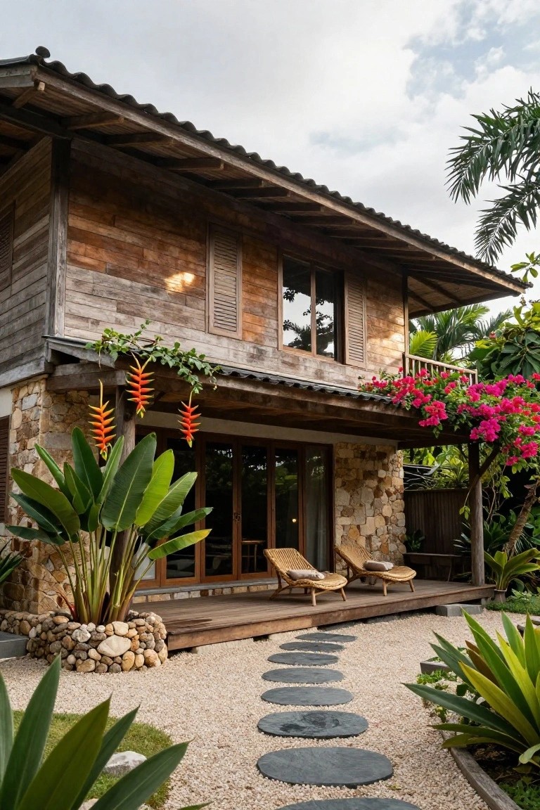 Two-story wooden house with dark timber cladding and shutters over light stone base walls, wooden deck with rattan chairs, tropical plants including heliconias and agaves, and black circular stepping stones on white gravel path.