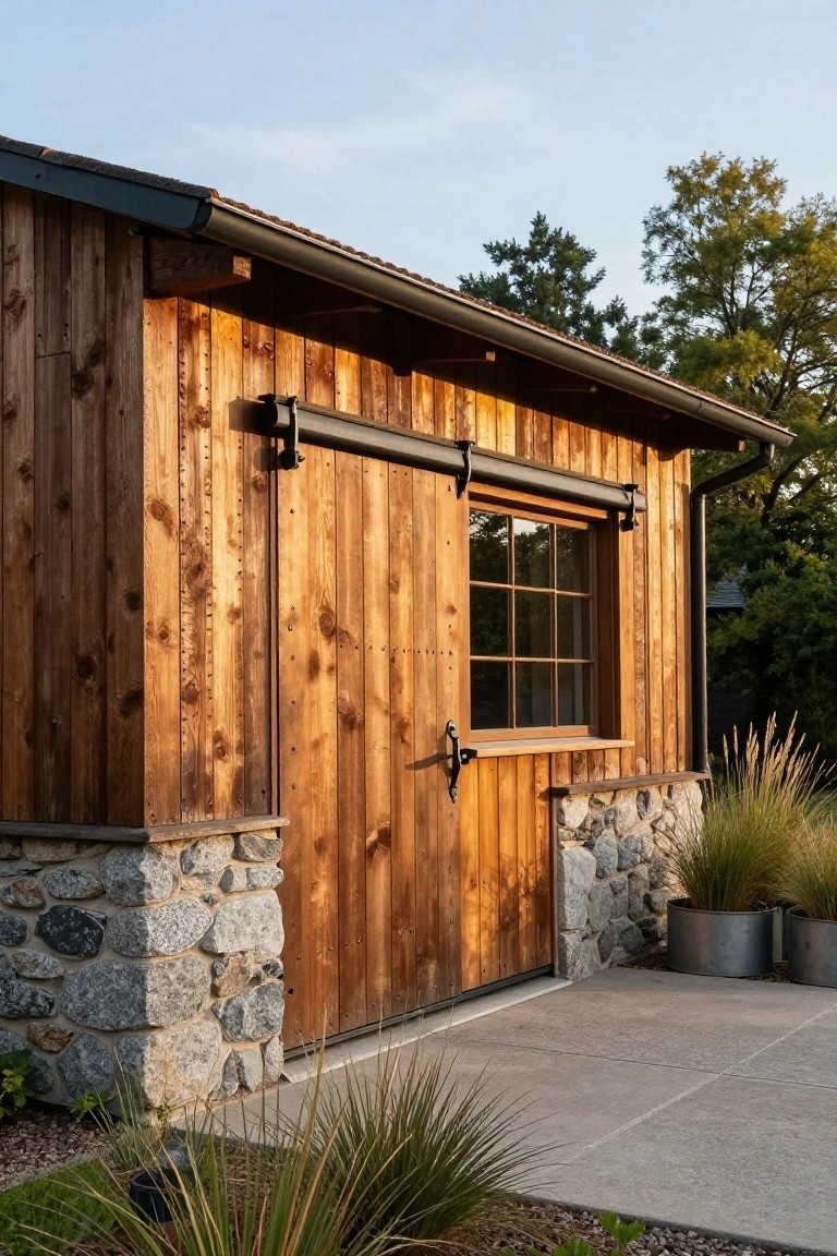 Wooden outbuilding with vertical timber siding, stone foundation piers, large sliding barn door, divided-light window, metal roof with gutters, concrete apron, and potted grasses nearby.
