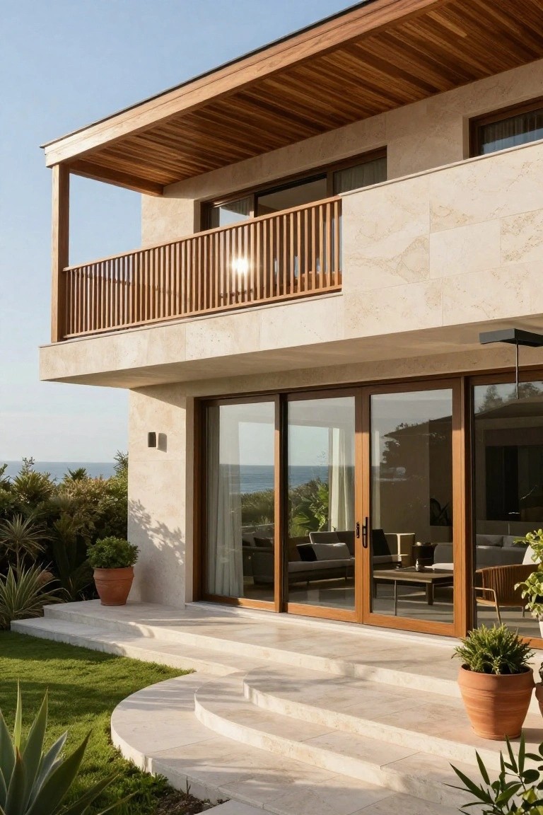 Two-story modern house exterior with light beige stone walls, wooden cantilevered balcony with slatted railing, large wooden-framed sliding glass doors to a terrace, steps leading down to grass and plants with ocean view in background.