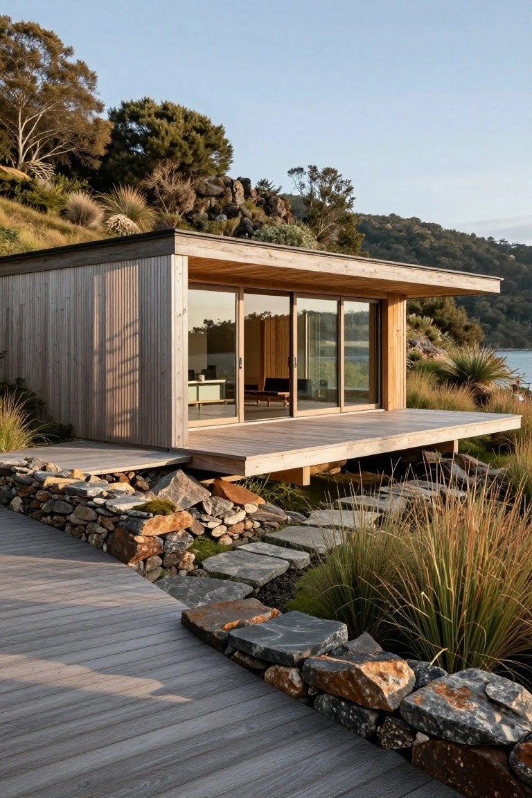 Wooden cabin with vertical timber cladding and overhanging flat roof elevated on a deck above stone retaining walls, large sliding glass doors opening to the deck, wooden boardwalk path, grasses and rocks on a coastal hillside near water.