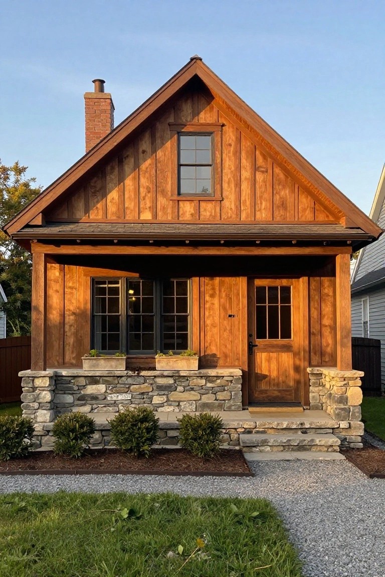 Front exterior of a small gabled wooden house with vertical timber siding, brick chimney, covered porch on stone base and supports, flanked by shrubs and gravel path.