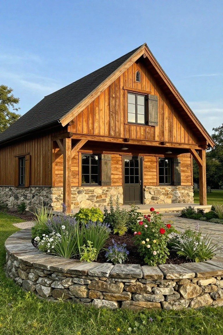 A small wooden cabin with dark shingled gable roof, vertical wood siding, exposed timber beams, black-framed windows with shutters, covered front porch, fieldstone foundation, and curved stone flower bed planted with flowers and grasses in front of green lawn.