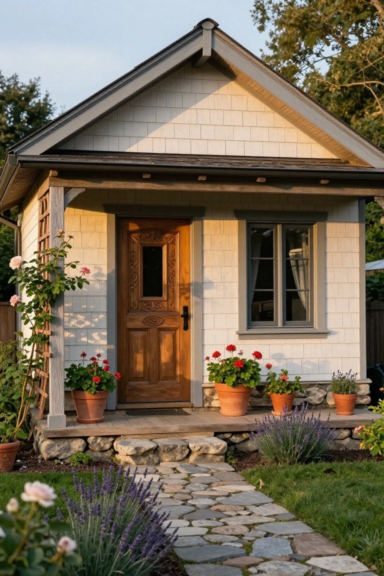 Small gabled house with white shingle siding, dark timber porch posts and trim, carved wooden front door, gray window frames, stone foundation and steps, potted plants, climbing roses, lavender, and a stone path in a garden.