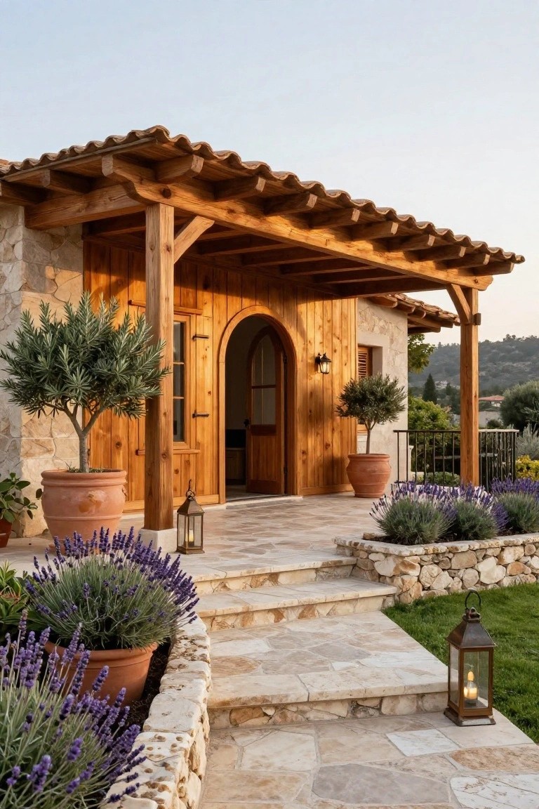 Stone house exterior with wooden timber porch, arched wooden entry door flanked by olive trees in terracotta pots, lavender plants in stone-edged beds, stone steps, and lanterns.