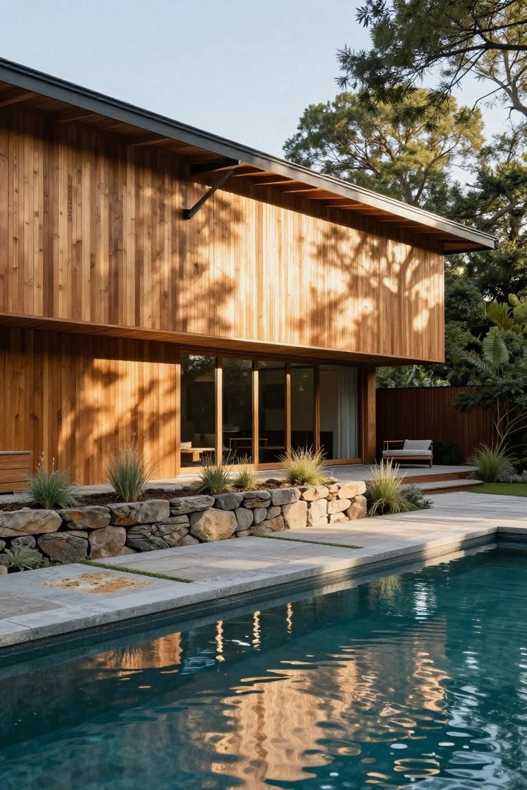 Modern house exterior featuring vertical timber cladding on cantilevered walls, black metal roof overhang, large sliding glass doors, stone retaining wall with grasses, and turquoise pool in the foreground amid trees.