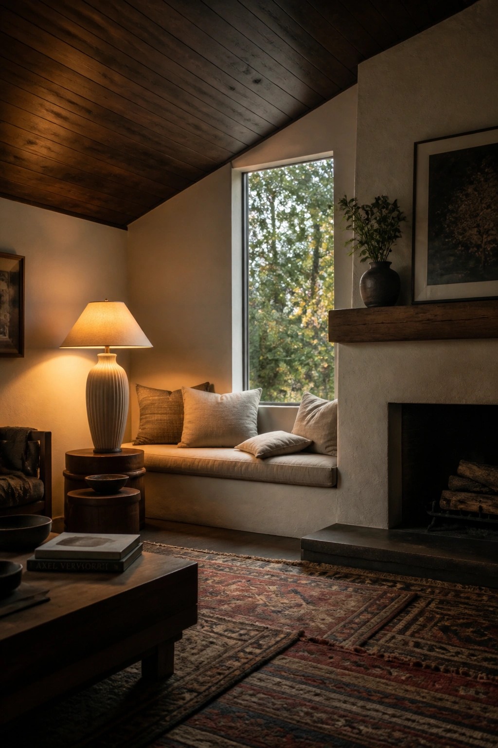 A living room interior with a dark wood plank ceiling, a window seat with pillows, a stone fireplace, and a wooden coffee table on a patterned rug.